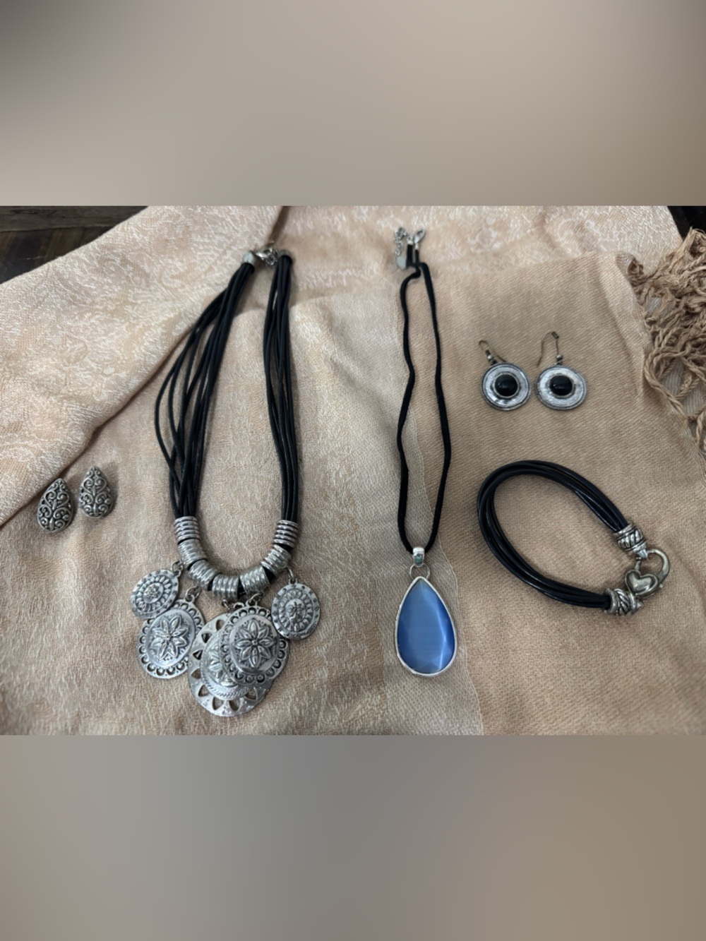 Estate style silver and blue jewelry bundle Victorian revival pendants